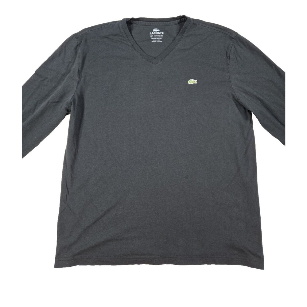 Mens Lacoste Pima Cotton Long Sleeve V Neck T Shirt Black Logo Size 6 XL